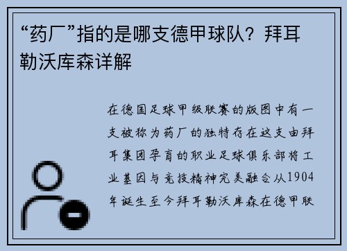 “药厂”指的是哪支德甲球队？拜耳勒沃库森详解
