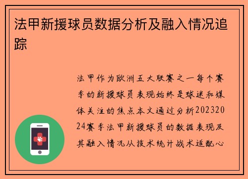 法甲新援球员数据分析及融入情况追踪